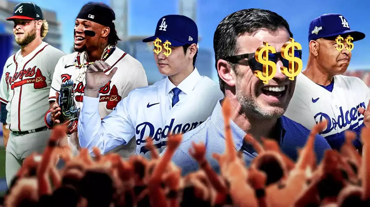 Dodgers' Andrew Friedman, Dodgers' Shohei Ohtani, Dodgers' Dave Roberts on right side with dollar signs in their eyes. On left, Braves' Ronald Acuna Jr., Braves' AJ Minter smiling.
