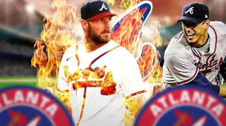 Chris Sale in middle of image with fire around him looking happy, Charlie Morton on one side looking at him and looking impressed, ATL Braves logo in image, baseball field in background