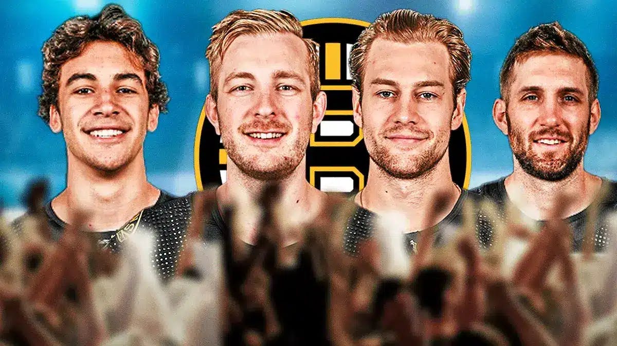 Linus Ullmark, Matthew Poitras, Brandon Carlo and Derek Forbort all in image looking happy, BOS Bruins logo, hockey rink in background