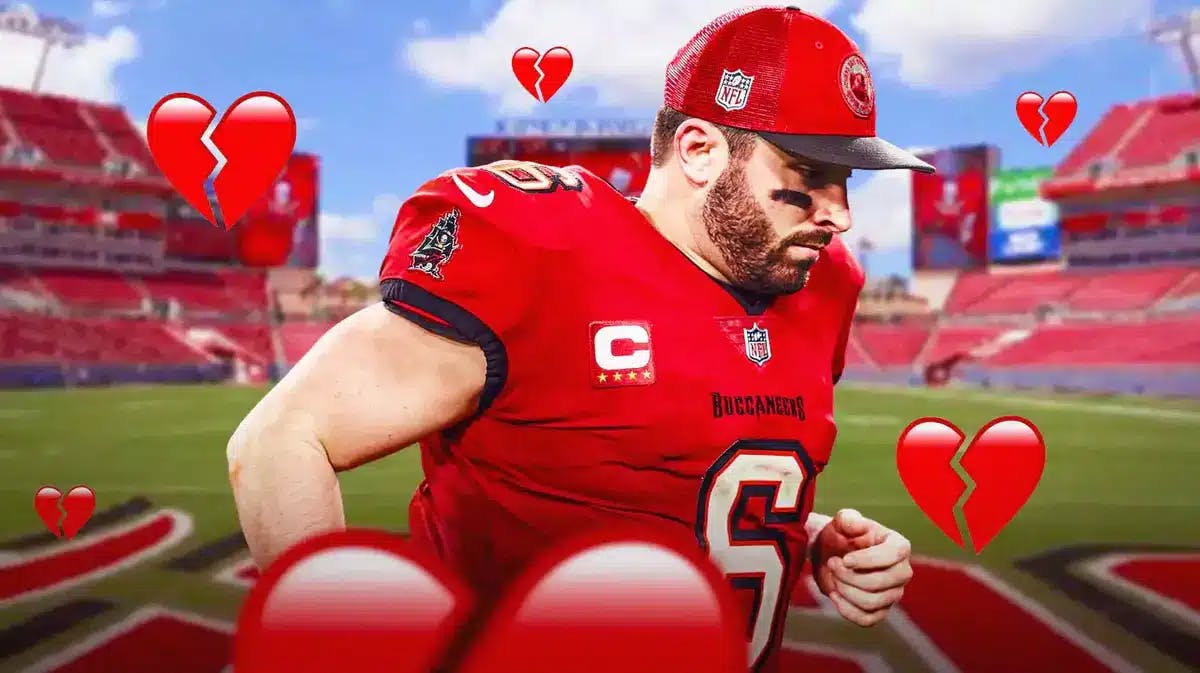 Tampa Bay Buccaneers' Baker Mayfield looking sad and a bunch of 💔 emojis around him