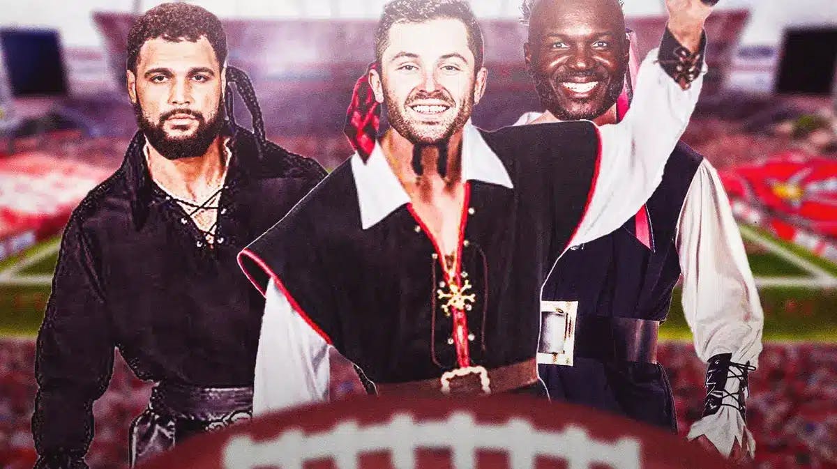 Mike Evans, Baker Mayfield, and Todd Bowles dressed as Buccaneers