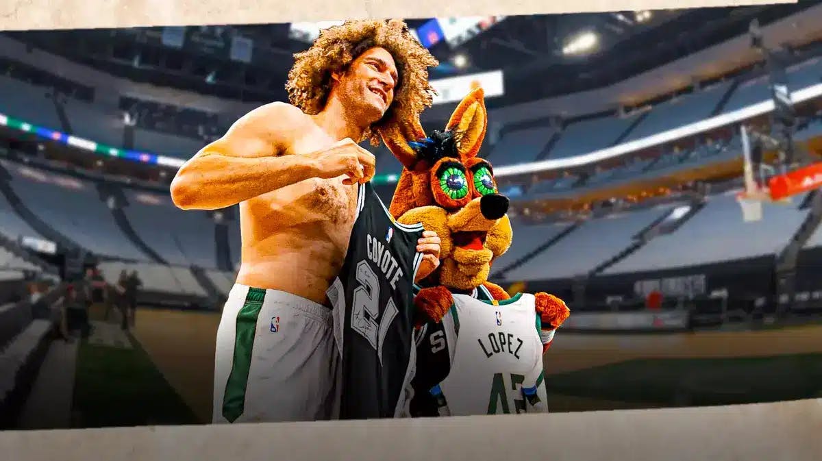 Bucks center Robin Lopez jersey swap with Spurs mascot Coyote