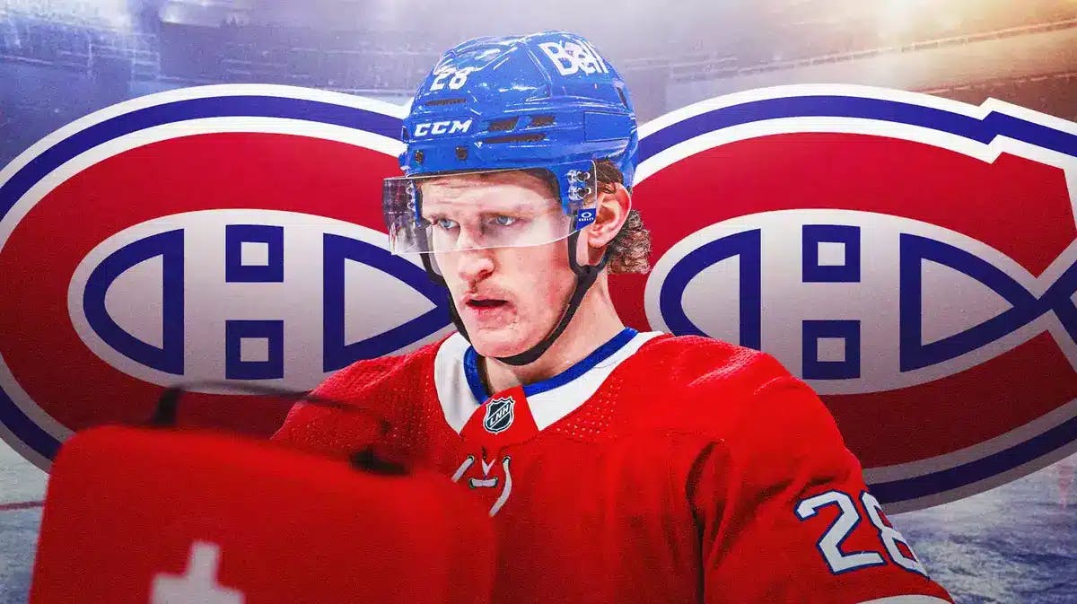 Christian Dvorak in middle of image looking stern, MON Canadiens logo, hockey rink in background, first aid kit