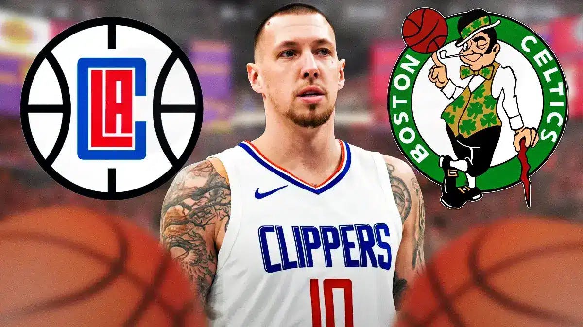 Photo: Daniel Theis in Clippers uniform with Celtics and Clipper logo behind him
