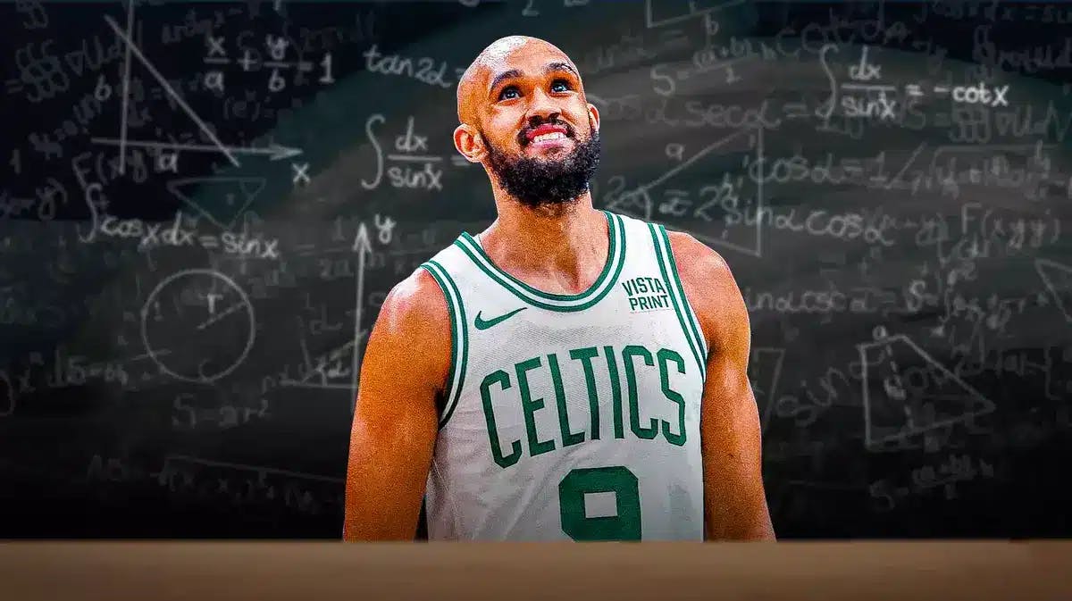 celtics' Derrick White looking happy with a chalkboard behind him that has complex math equations on it
