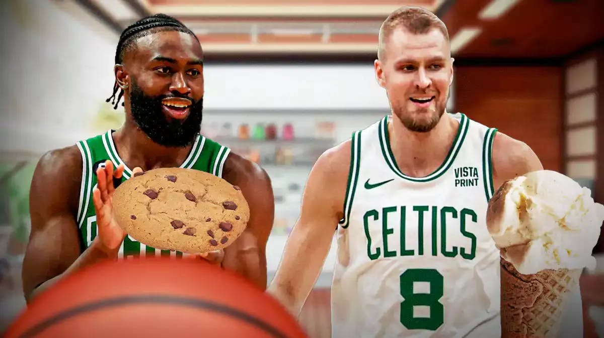 Celtics' Jaylen Brown with cookies and Kristaps Pirzingis with ice cream in a nod to their nickname.