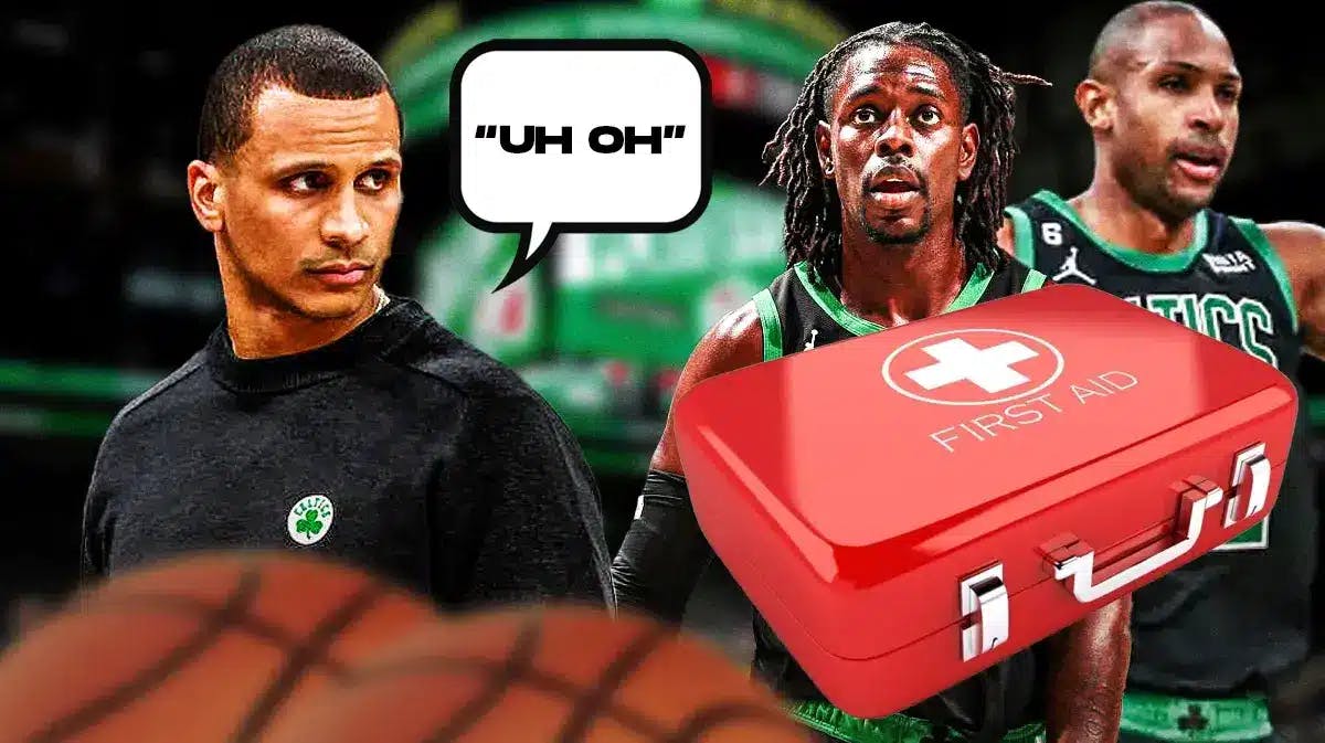 Joe Mazzulla on one side with a speech bubble that says “Uh oh” Jrue Holiday and Al Horford on the other side with an injury kit in front of them