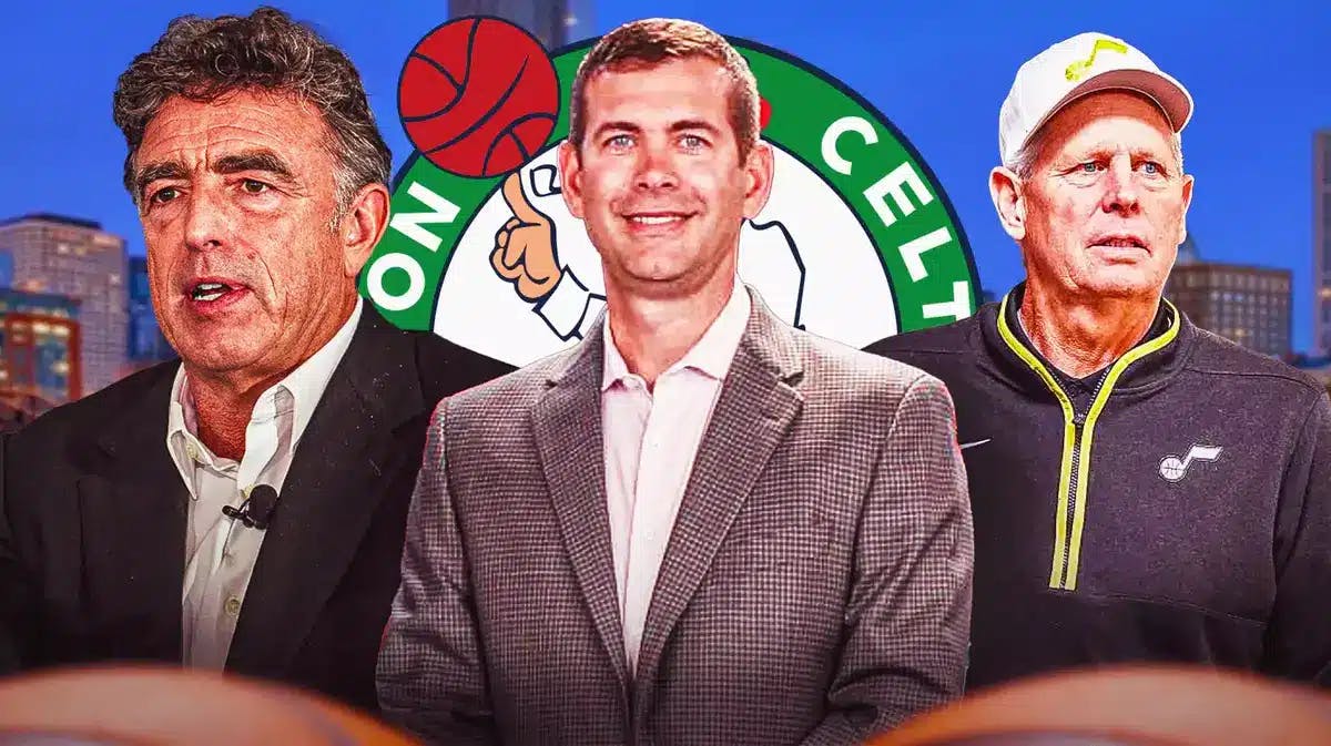 Wyc Grousbeck and Danny Ainge looking serious next to a happy Brad Stevens. Celtics logo in the Boston city skyline background.