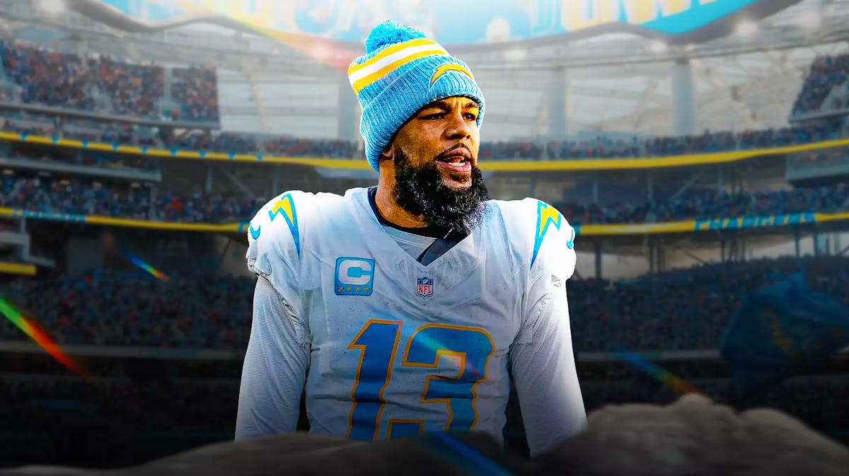 Chargers, Keenan Allen, Keenan Allen Chargers, Keenan Allen trade, Chargers coach, Keenan Allen in Chargers uni with Chargers stadium in the background