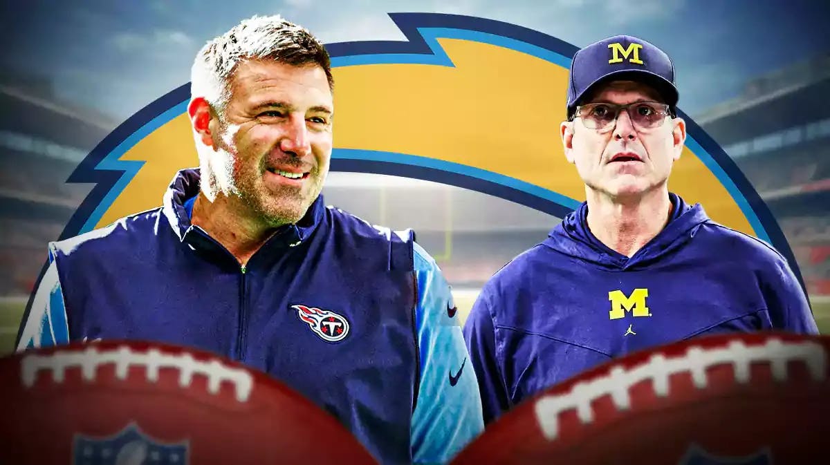 Mike Vrabel and Jim Harbaugh next to the Chargers logo