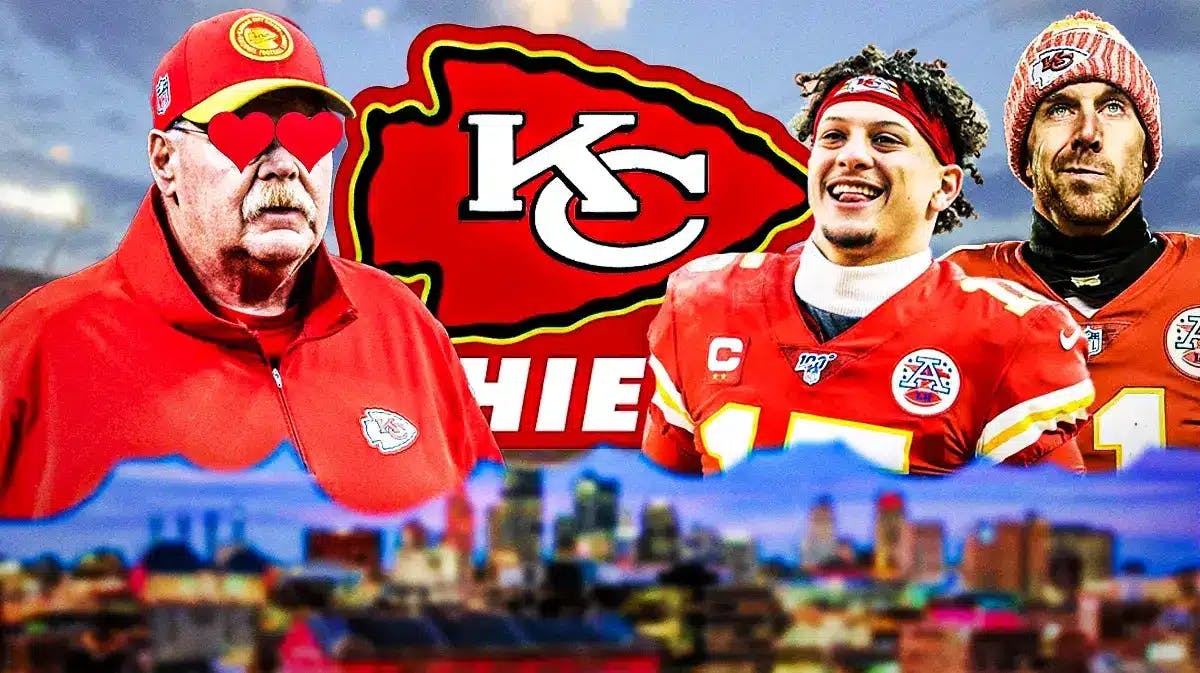Chiefs Andy Reid with hearts in his eyes looking at Chiefs Patrick Mahomes and Alex Smith in front of a Chiefs logo at Arrowhead Stadium