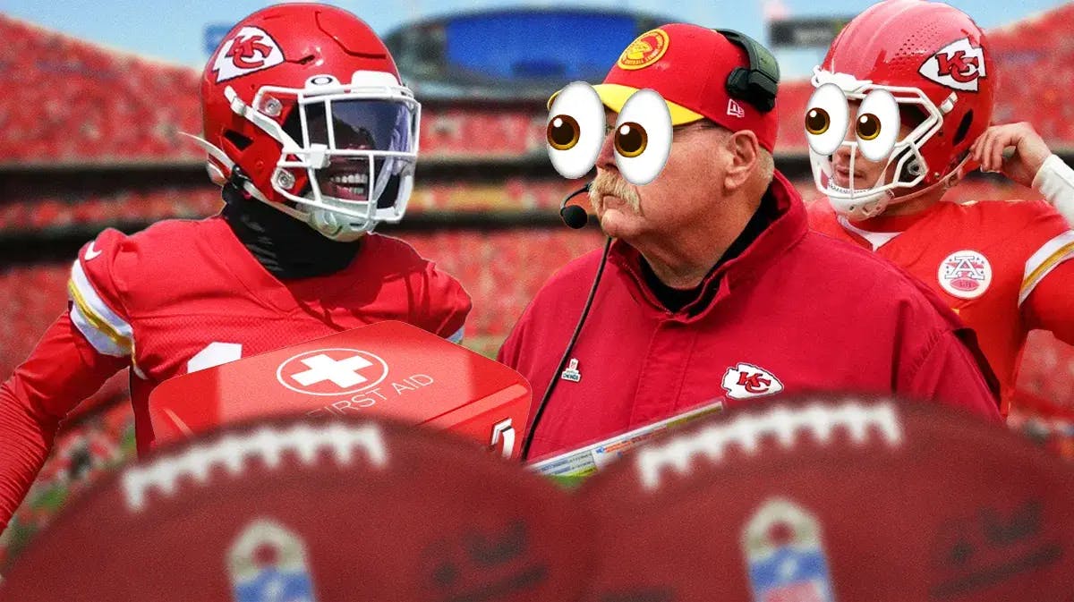 Kadarius Toney on one side with an injury kit in front of him, Andy Reid and Patrick Mahomes on the other side with the big eyes emoji over their faces
