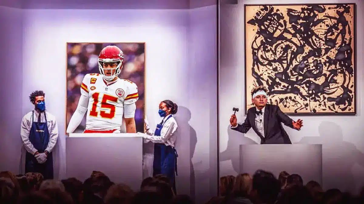 Patrick Mahomes (Chief) as the auctioneer, then replace the painting in the middle with Mahomes' No. 15 Kansas City uniform