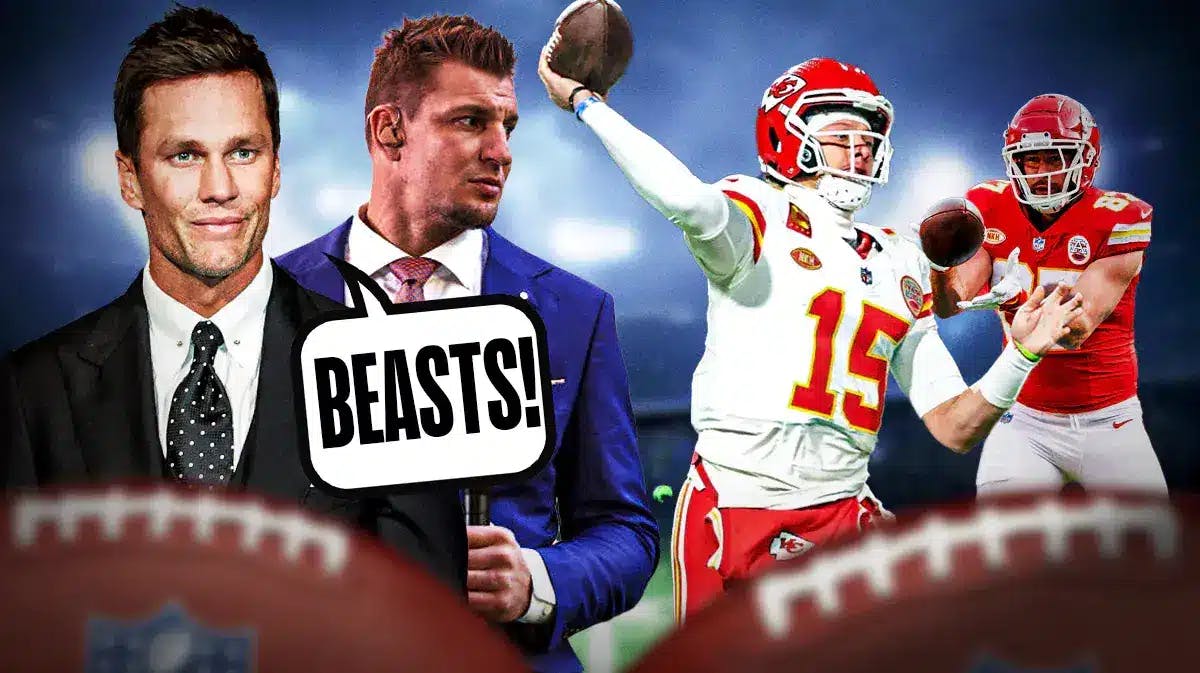 Tom Brady and Rob Gronkowski on left side of image. Have Brady saying the following: BEASTS! Have Chiefs' Patrick Mahomes throwing a football, and Chiefs' Travis Kelce catching a football on right side of image.