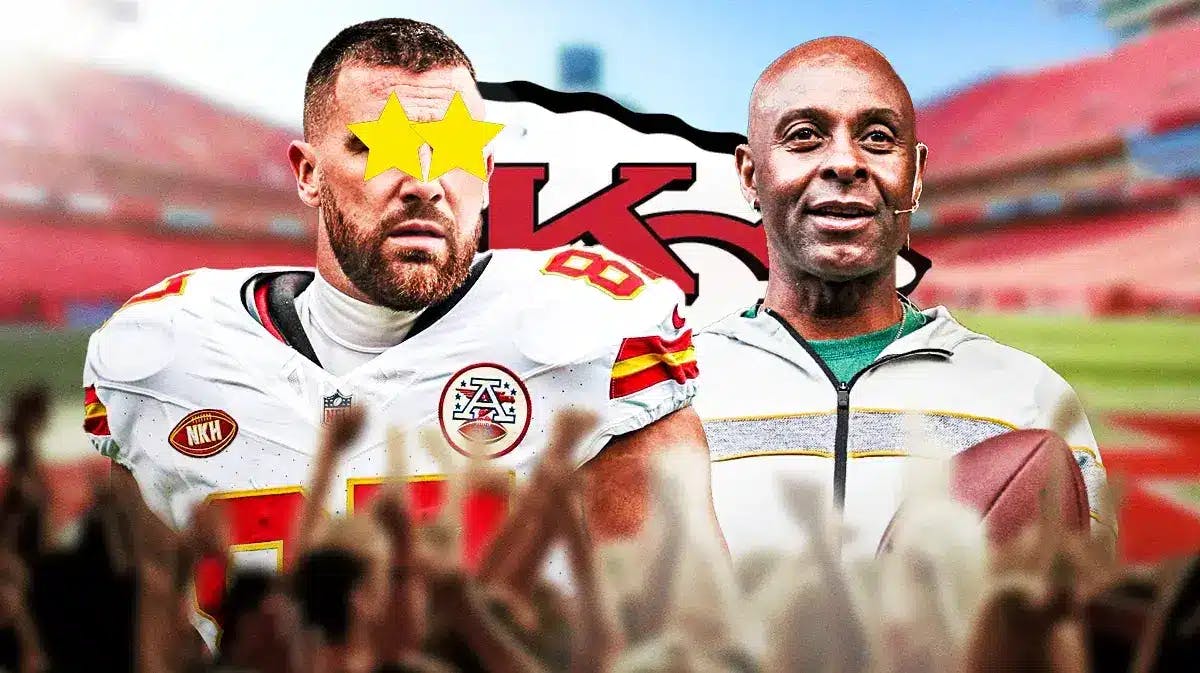 Chiefs Travis Kelce with stars in his eyes next to Jerry Rice in front of Arrowhead Stadium