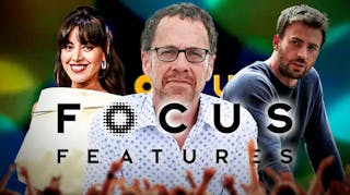 Aubrey Plaza, Ethan Coen, and Chris Evans behind the logo for Focus Features
