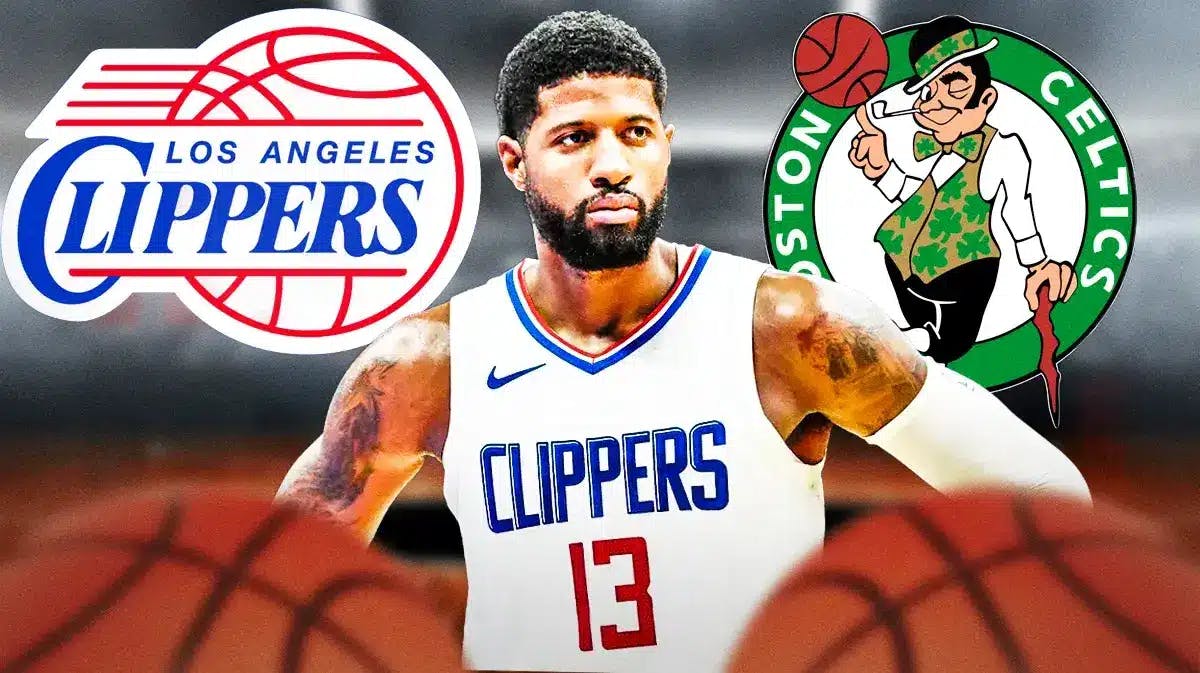 Paul George ponders on his injury in the Clippers and Celtics logo, Kawhi Leonard sits out of frame