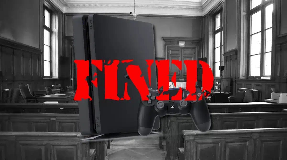 sony fines controllers, court fines sony, sony third-party controllers, sony controllers, a black and white image of a courtroom with a PlayStation 4 in the foreground and a red FINED plastered in front of the console