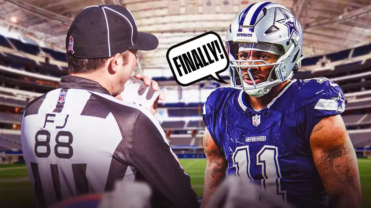 Dallas Cowboys' Micah Parsons and a speech bubble “FInally!” and image of NFL ref that Parsons is speaking at.