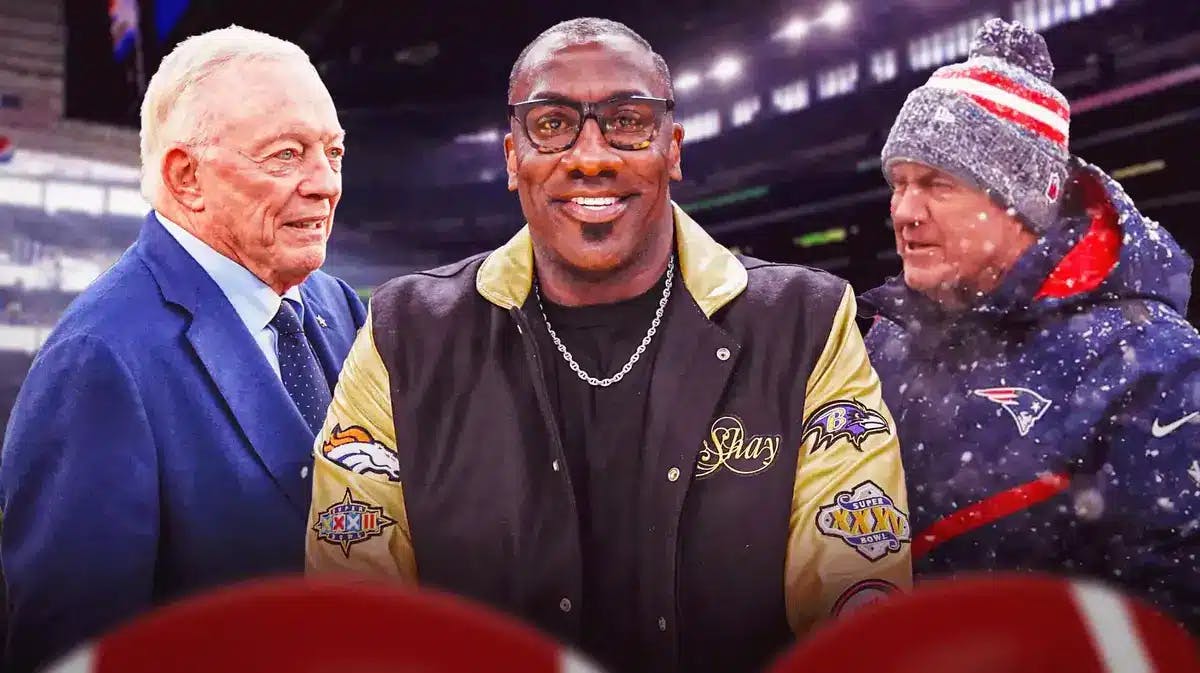 Shannon Sharpe in the middle. Dallas Cowboys owner Jerry Jones on the left and Bill Belichick on the right
