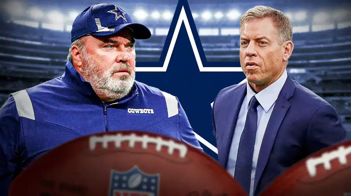 Photo: Troy Aikman in suit, with Mike McCarthy in Cowboys gear, Cowboys logo behind them