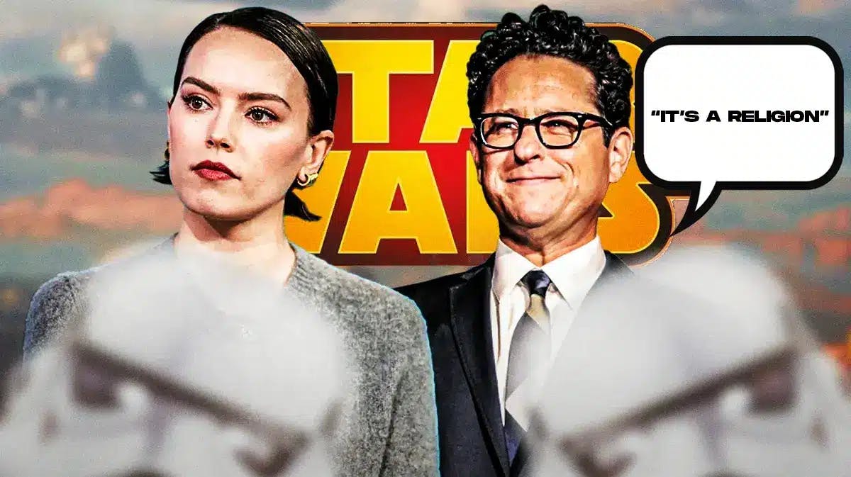 Daisy Ridley, the Star Wars logo, and JJ Abrams with a speech bubble saying "its a religion"