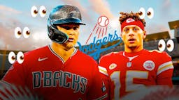 Joc Pederson in a Diamondbacks uniform in front. Chiefs' Patrick Mahomes, Dodgers' logo in background. Place the eyes emoji all over the image.