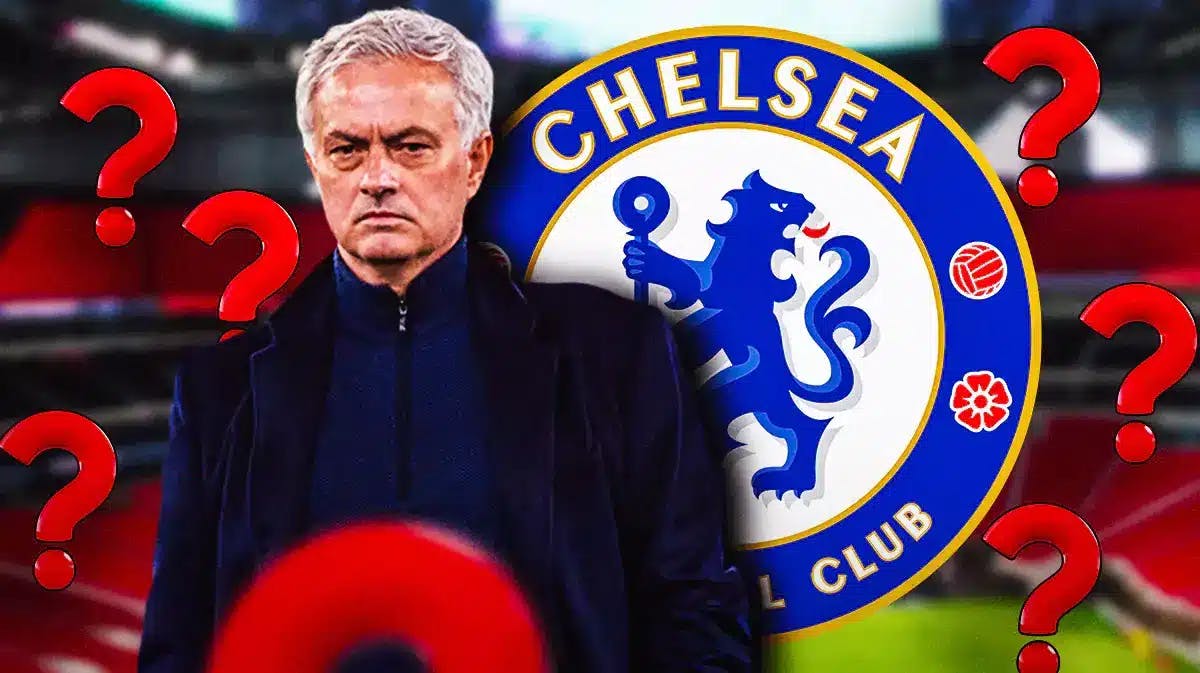 Jose Mourinho in front of the Chelsea logo, questionmarks in the air