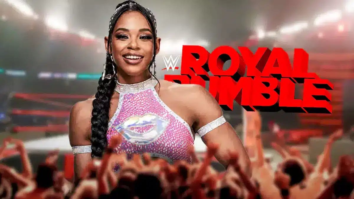 Bianca Belair with Royal Rumble logo and WWE ring background.