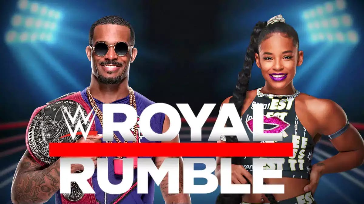 Montez Ford and Bianca Belair with WWE Royal Rumble logo.