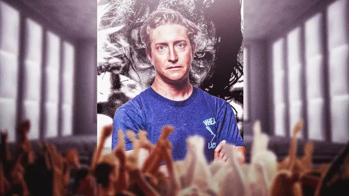 David Gordon Green (Halloween) director in front of The Exorcist: Believer poster.