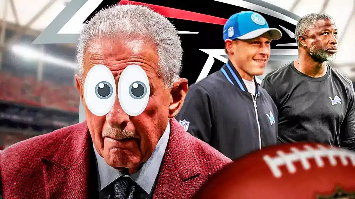 Falcons owner Arthur Blank with wide eyes looking at Lions coordinators Ben Johnson and Aaron Glenn