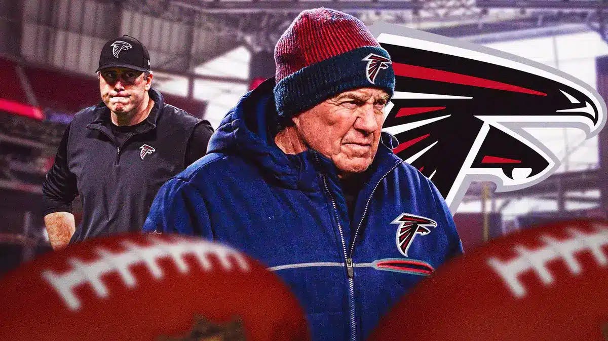Photo: Bill Belichick in Falcons gear with Falcons logo in the back and a small picture of a mad Arthur Smith
