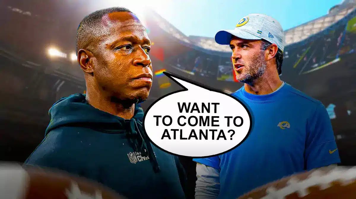 New Atlanta Falcons head coach Raheem Morris asking Rams quarterbacks coach Zac Robinson if he wants to come to Atlanta