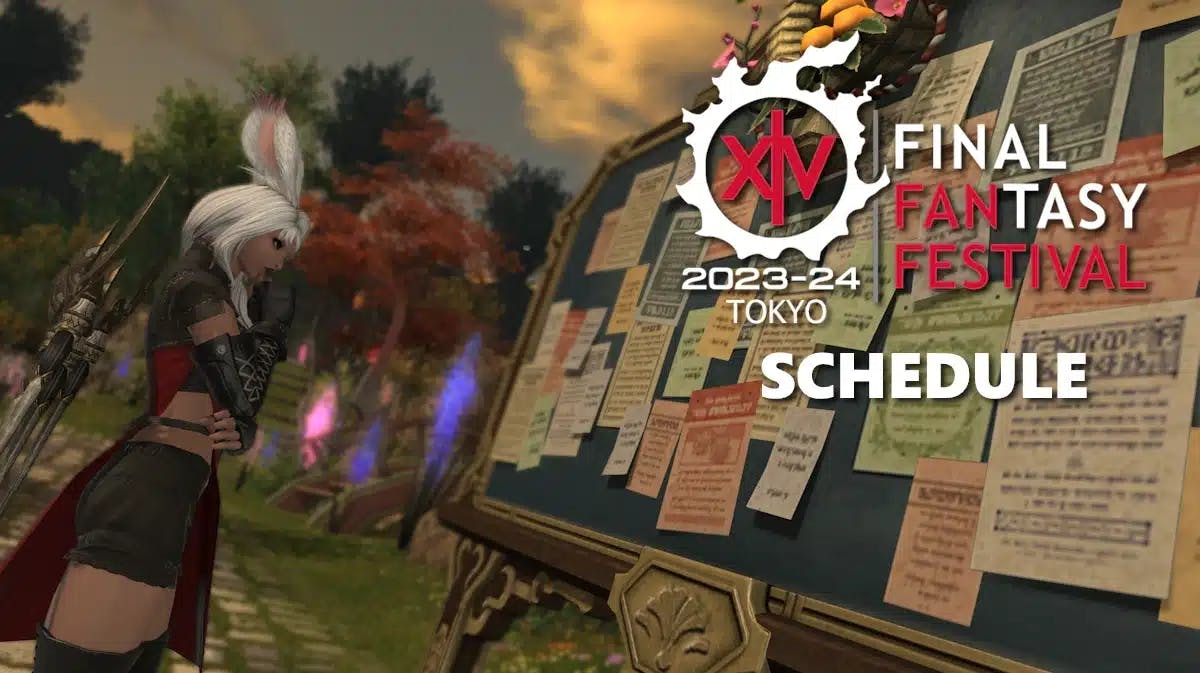 ff14 japan fan fest 2024 schedule, ff14 fan fest schedule, japan fan fest schedule, japan fan fest, ff14 fan fest, an in-game screenshot of FF14 of a character looking at a board with the fan fest logo to the right and the word schedule under it