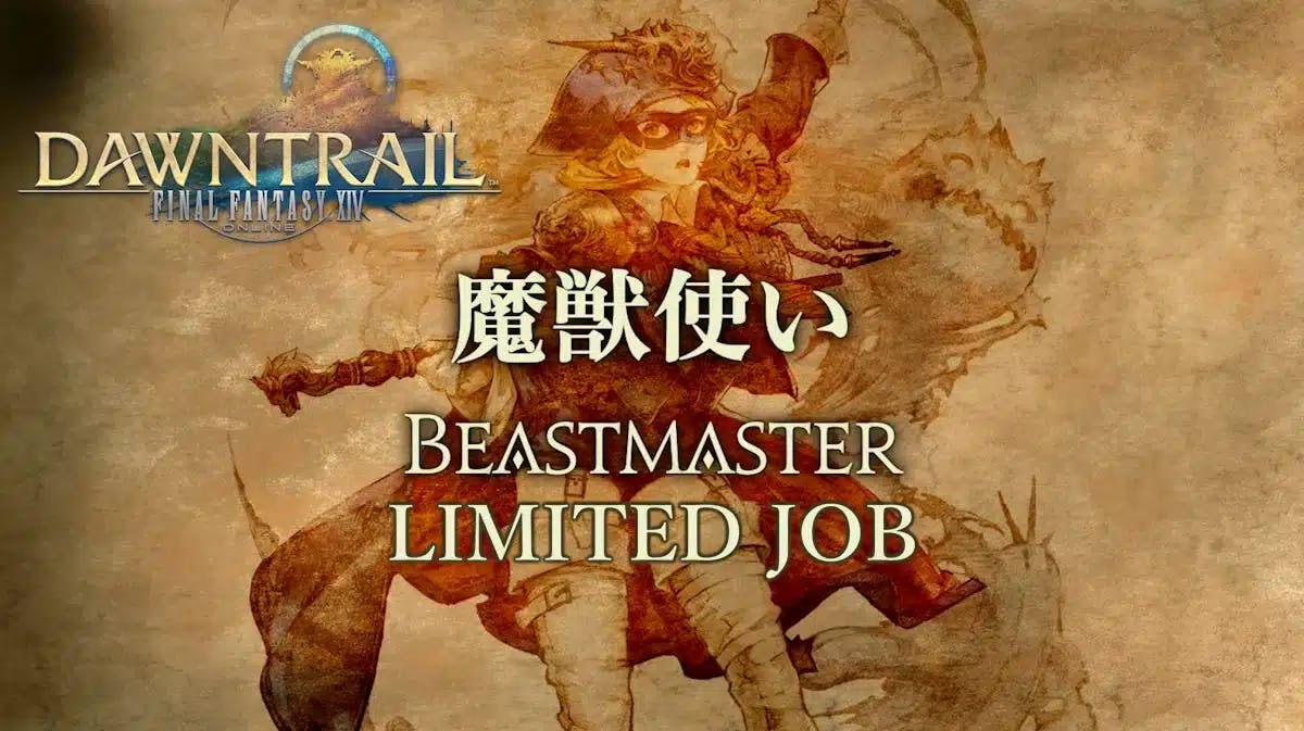 ffxiv beastmaster, ffxiv limited job, ffxiv job, beastmaster, ffxiv, a screenshot from the ffxiv keynote speech that features the Beastmaster Job with the Dawntrail logo in the corner and the word Limited Job under the job name
