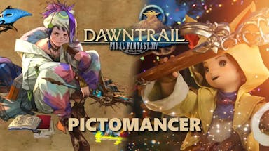 ffxiv pictomancer, ffxiv new mage dps, ffxiv new job, ffxiv dawntrail, ffxiv, a trailer screenshot of Krile as a pictomancer and the official pictomancer art in one image with the FFXIV Dawntrail logo at the top and word Pictomancer at the bottom