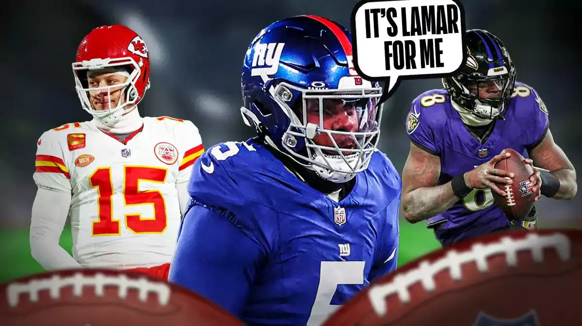 New York Giants' Kayvon Thibodeaux in middle of image and speech bubble “It’s Lamar For Me” and Baltimore Ravens' Lamar Jackson on right of image, Kansas City Chiefs' Patrick Mahomes on left.