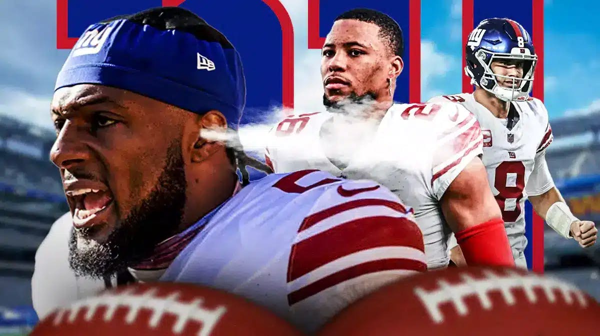 Giants Kayvon Thibodeaux on the left with smoke coming out of his ears, Daniel Jones and Saquon Barkley on the right. Background is MetLife Stadium
