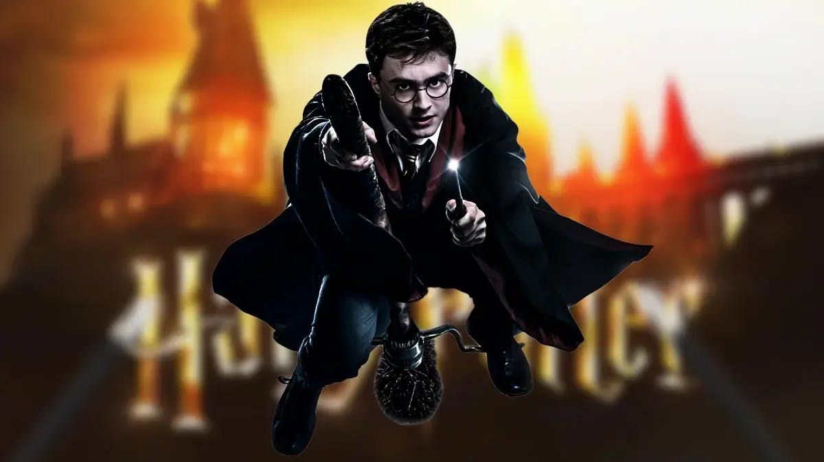Harry Potter flying on a broomstick with the Max series logo in the background.