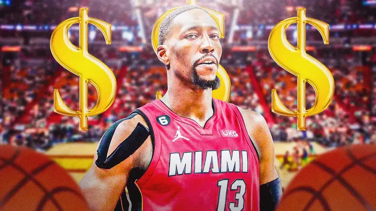 Miami Heat star Bam Adebayo around dollar signs in front of the Kaseya Center.