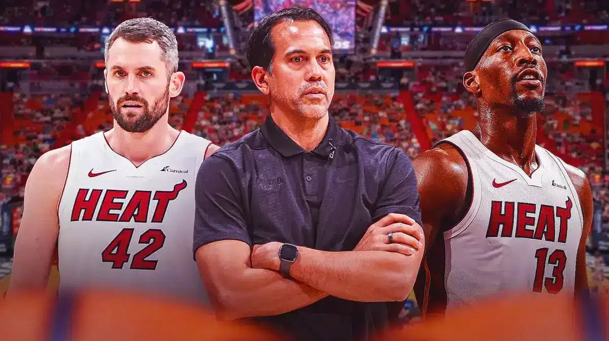 Miami Heat stars Bam Adebayo, Kevin Love, and head coach Erik Spoelstra in front of the Kaseya Center.