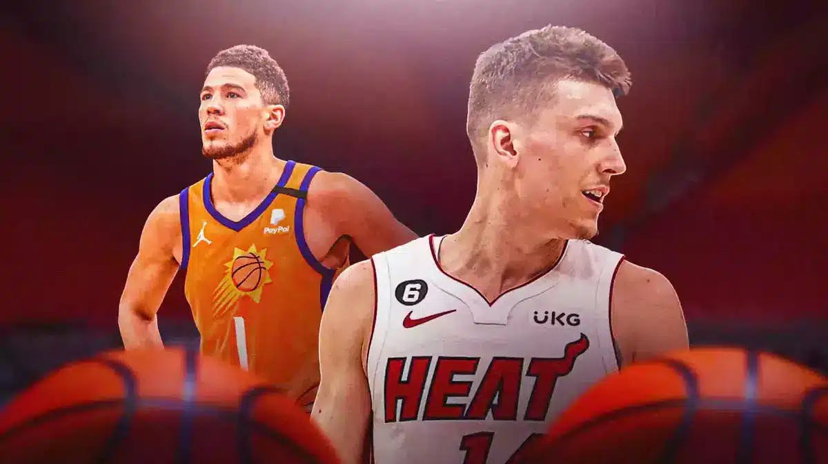 Miami Heat star Tyler Herro and Phoenix Suns guard Devin Booker in front of an empty arena.