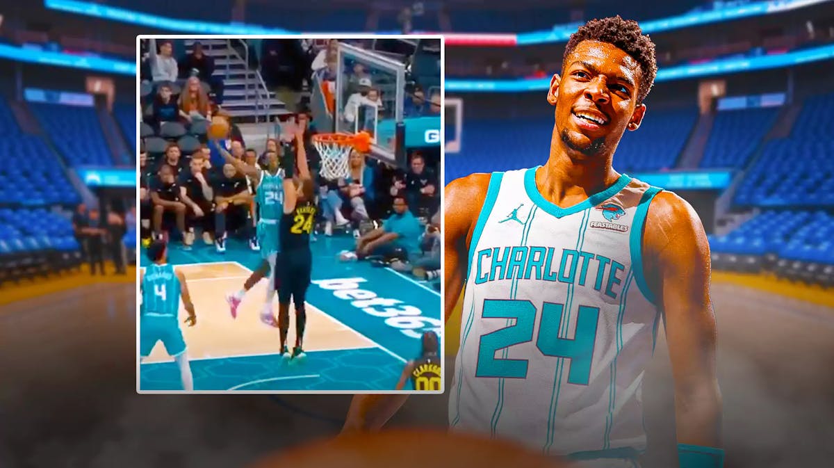 Brandon Miller looking hyped with the Hornets arena in the background also include a screenshot of the dunk from the link
