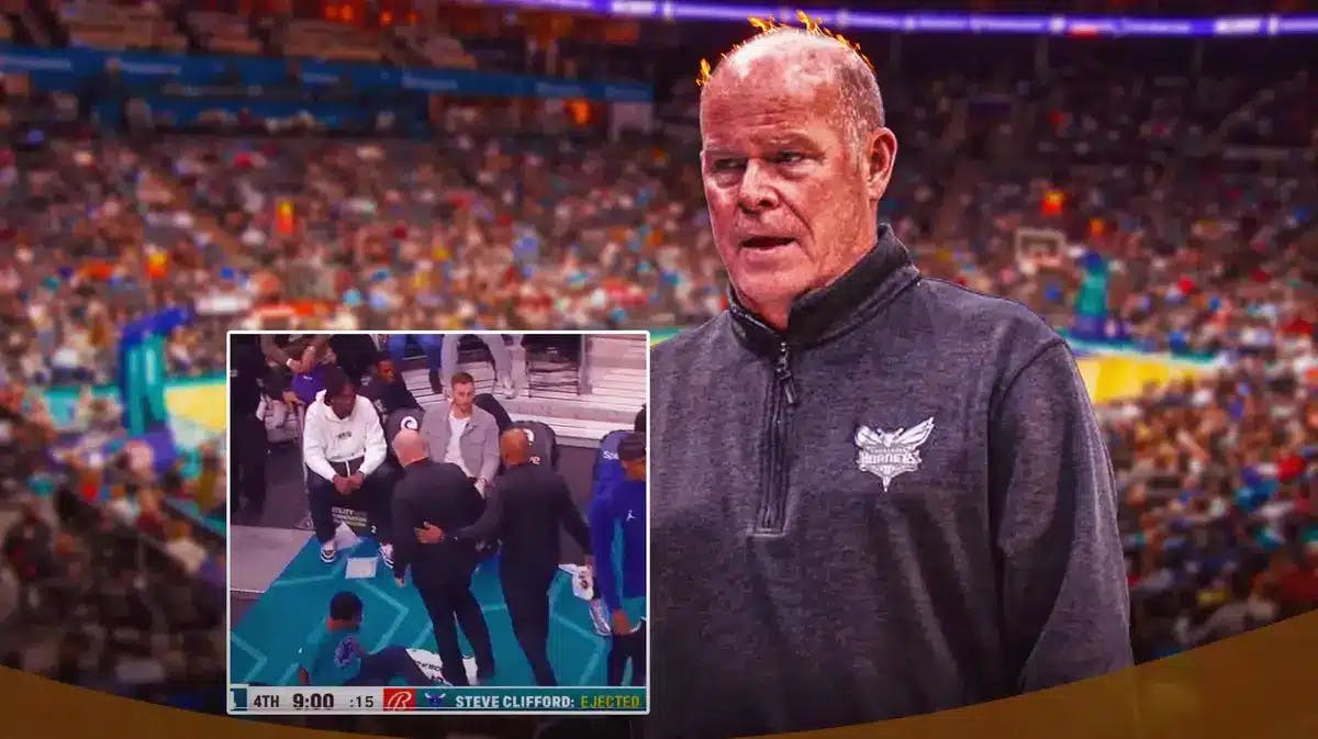 Steve Clifford with fire at the top of his head, along with screenshot of the ejection with Hornets