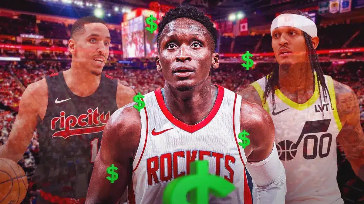 Graphic of Rockets Victor Oladipo with money signs surrounding him or a graphic of a contract. along with Blazers Malcolm Brogdon and Utah Jazz Jordan Clarkson behind him, both graphics appear to be faded out.