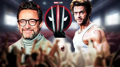 Hugh Jackman next to Wolverine and MCU Deadpool 3 logo.