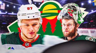 Filip Gustavsson and Kirill Kaprizov on either side looking hopeful, Minnesota Wild logo in middle, hockey rink in background