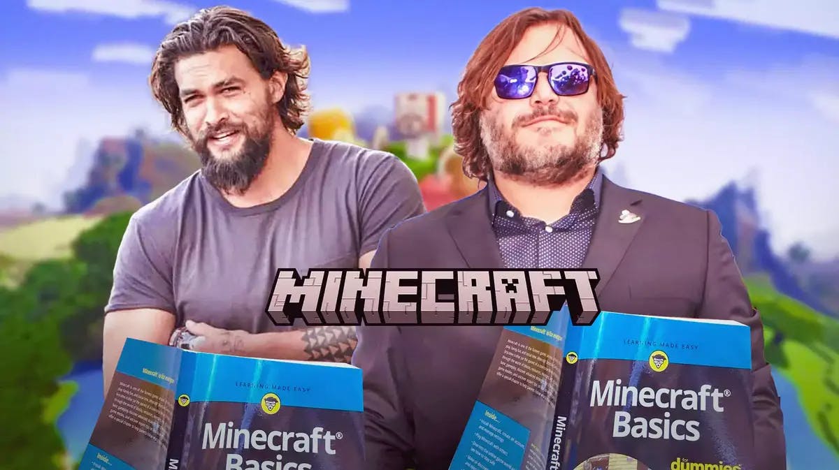 Jason Momoa and Jack Black with Minecraft logo and background and basics book.