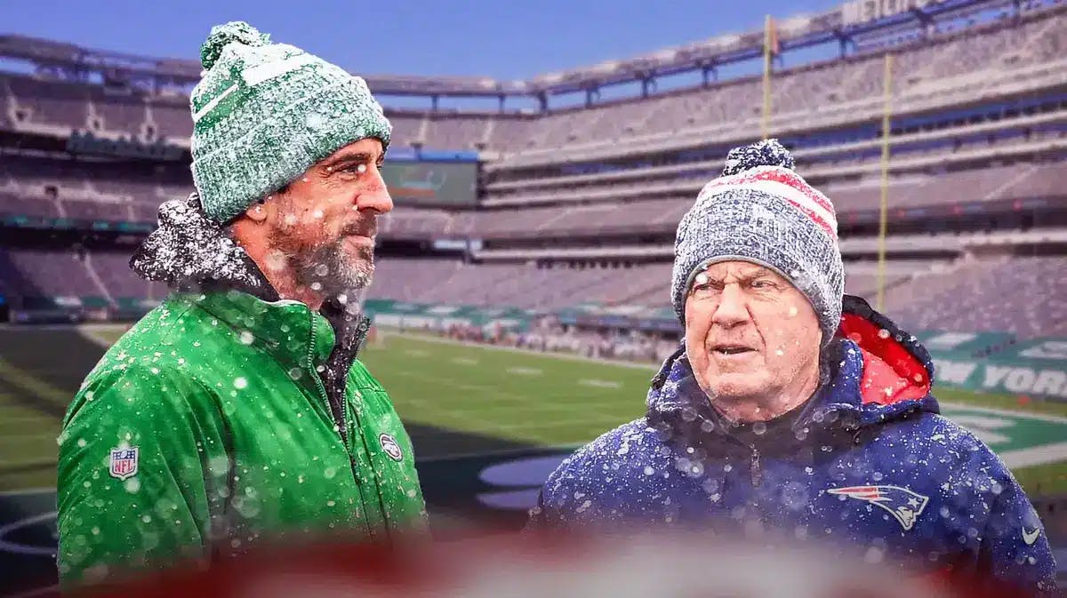 New York Jets quarterback Aaron Rodgers and Patriots coach Bill Belichick with snow falling